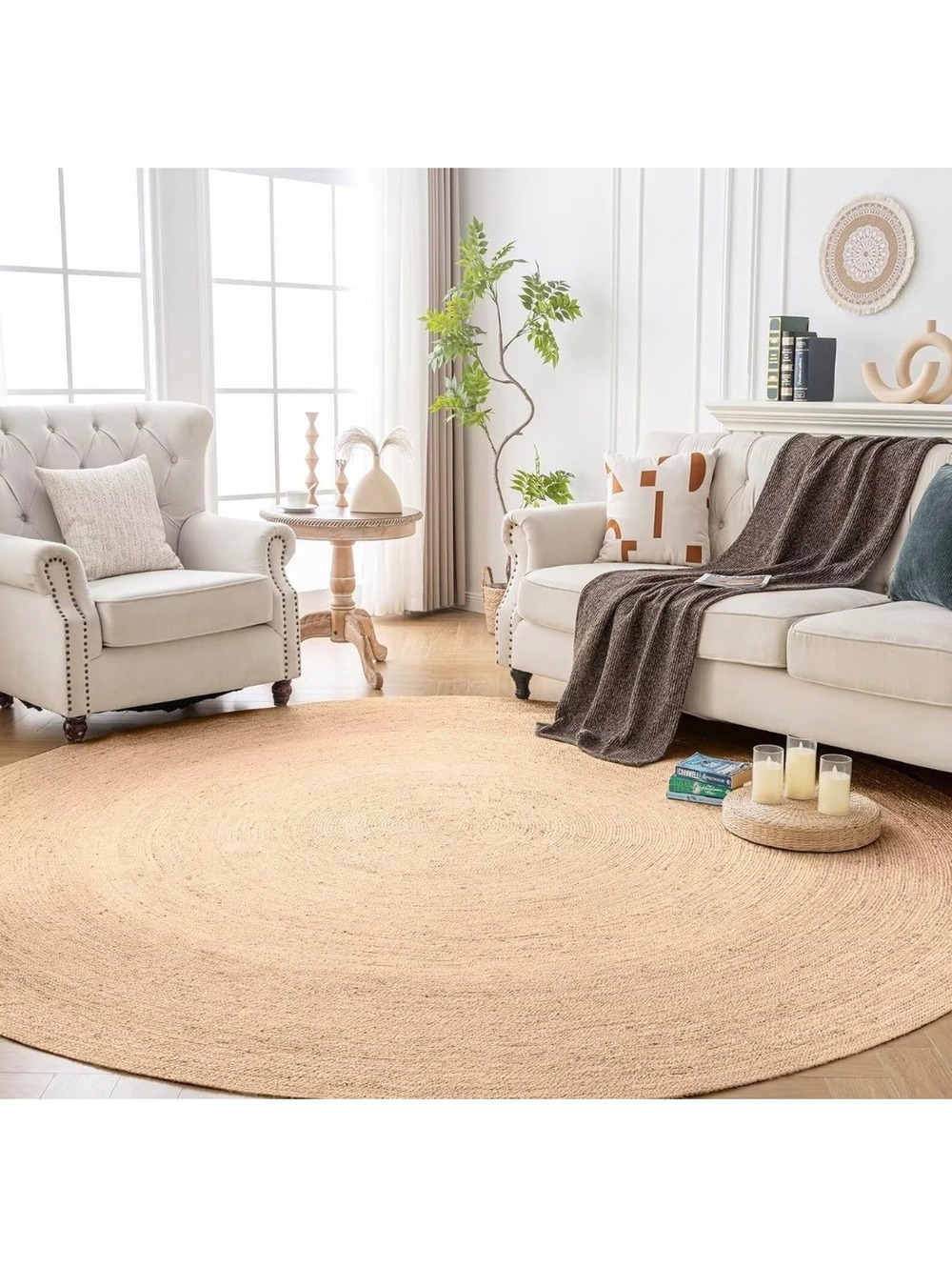 Round 7 Ft Rug, Chunky Hand Braided Rug, Farmhouse  Home Decor_Natural Color